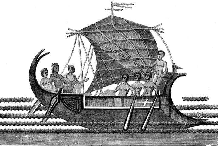 Engraving of Theseus's ship under sail, with rowers and passengers
